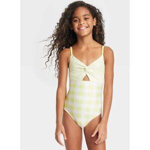 Girls Yellow & White Gingham One-Piece Swimsuit With Knot & Cutout Detail By Cat